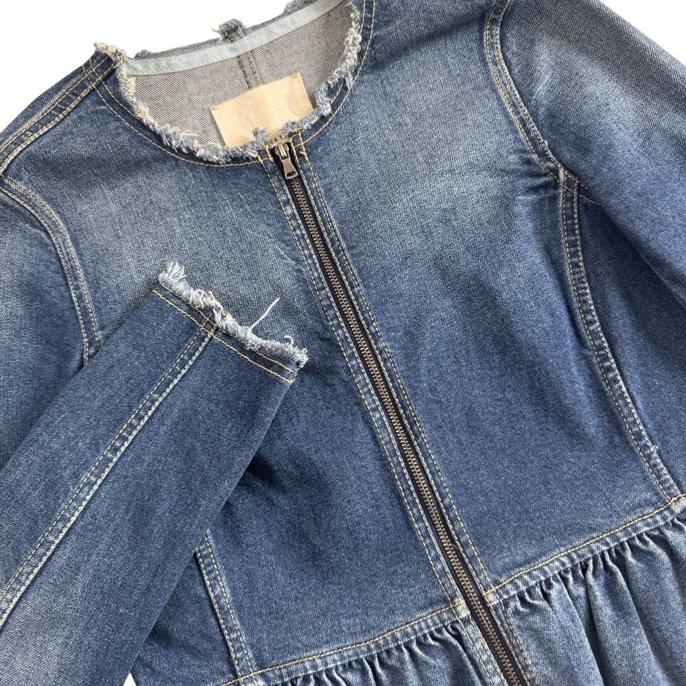 Rebecca Taylor Peplum Denim Jacket Women 2 Blue Frayed Raw Hem Zip Front
